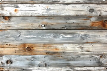 Obraz premium Detailed view of a weathered wooden wall with knots and faded gray paint, showcasing the rustic texture and natural imperfections of aged timber planks.