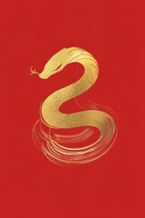 A golden snake poster with simple brushstrokes and red background for Chinese New Year