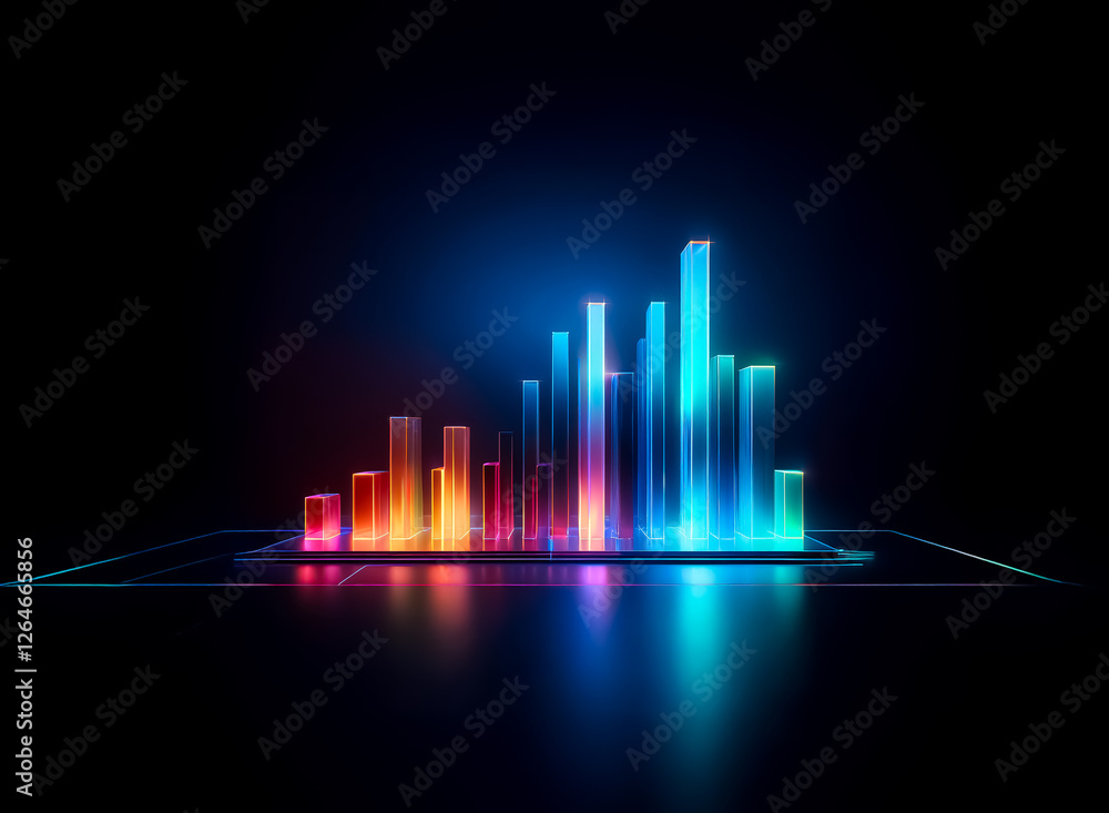 Poster abstract glowing columns of light stand in a row on a dark surface, creating a vibrant and futuristi