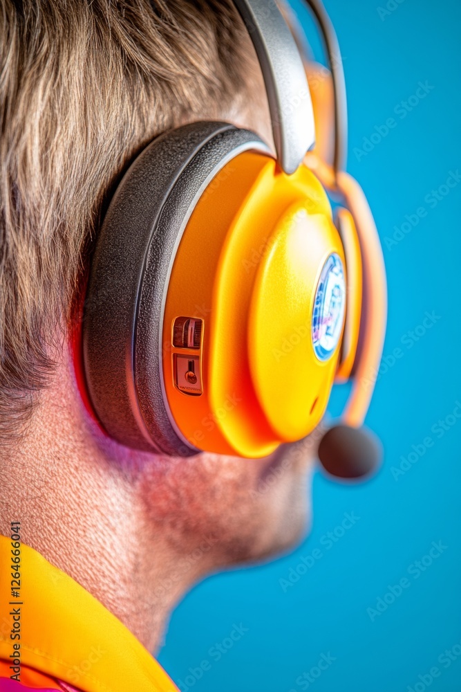 Poster vibrant headset design for emergency dispatch efficient communication tool in neon orange plastic fo