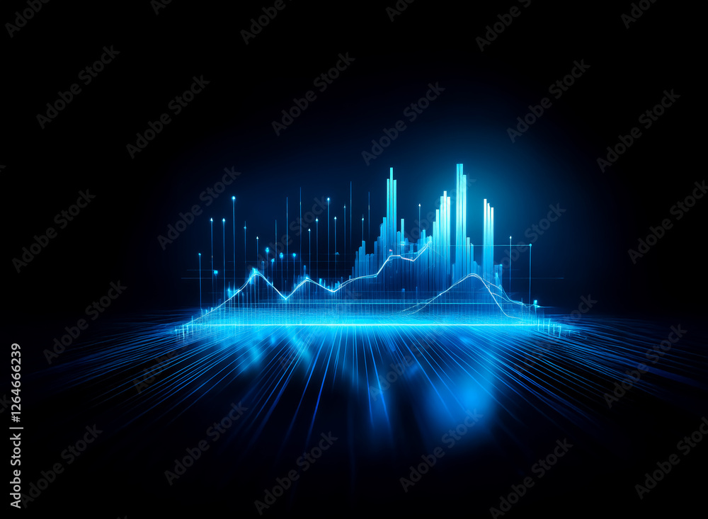 Poster abstract blue graph in dark space, with glowing lines and peaks resembling data visualization or sou
