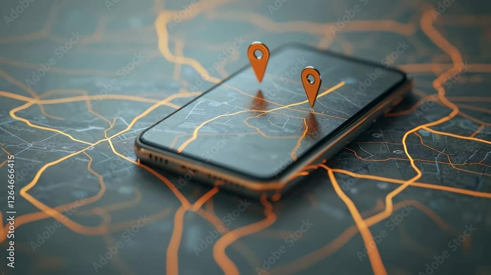 Poster Digital map glowing with location markers navigating through stylized urban landscape, revealing modern geolocation technology on smartphone screen in sleek slow motion visualization