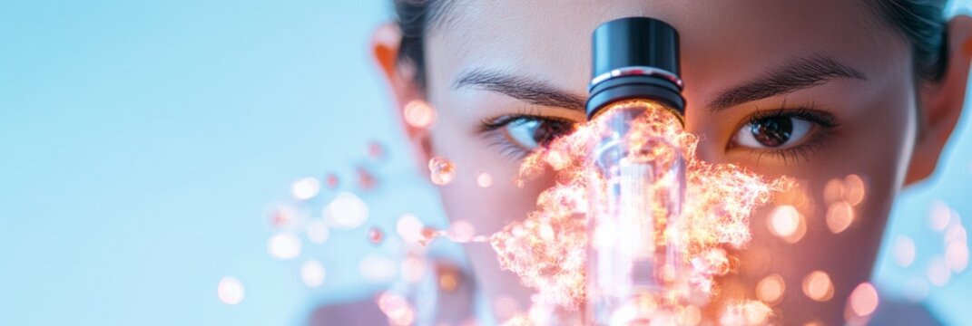 Holographic Laboratory Interface Female Scientist with Microscope and Digital Graphs in Scientific Research - Cutting-Edge Healthcare Innovation and Data-Driven Clinical Advancement