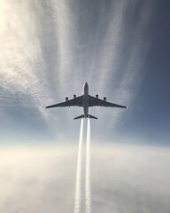 Aerial Serenity Contemporary Passenger Jet Ascent with Sleek Wing and Contrail Details - Aviation Safety Visualization and Reliable Air Travel Marketing for Commercial Airlines