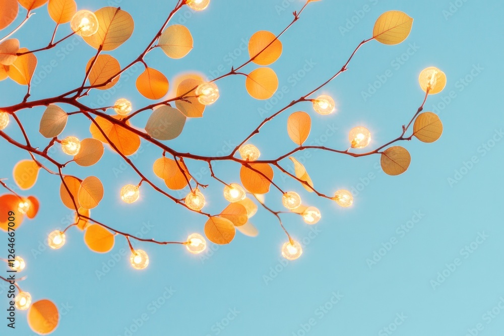 Poster scandinavian aesthetic illuminated branches with minimalist warm-toned leaves on clear sky - modern 