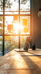 Modern Workspace Aesthetic Sunlit Wooden Desk with Tablet at Sunrise - Digital Productivity Content and Contemporary Office Environment Design