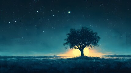 Lonely tree under a starry sky embracing the soft glow of the horizon