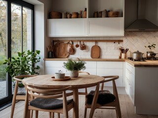 Interior kitchen with dining table near window and modern d?cor