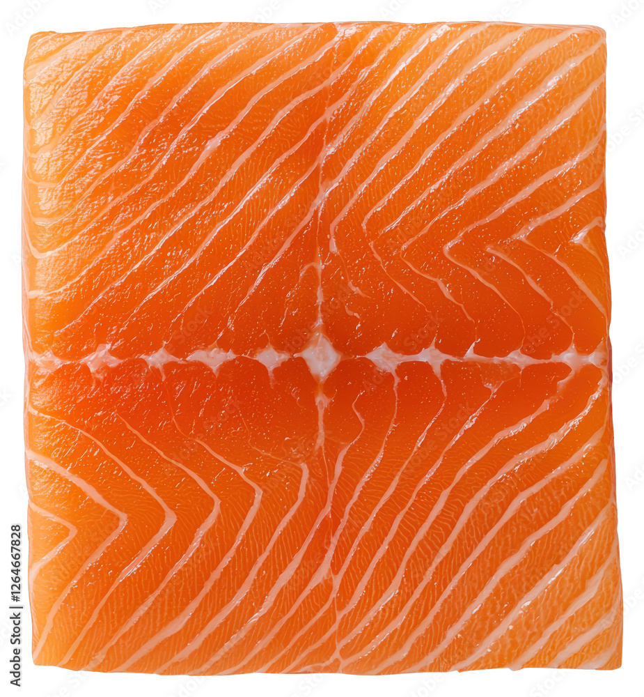 Poster close up of fresh raw salmon fillet with distinctive texture on transparent background