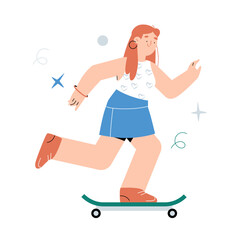 Female Skater Riding A Skateboard In Flat Vector Illustration Symbolizing Youth, Outdoor Activity, And Sports, Isolated On White Background