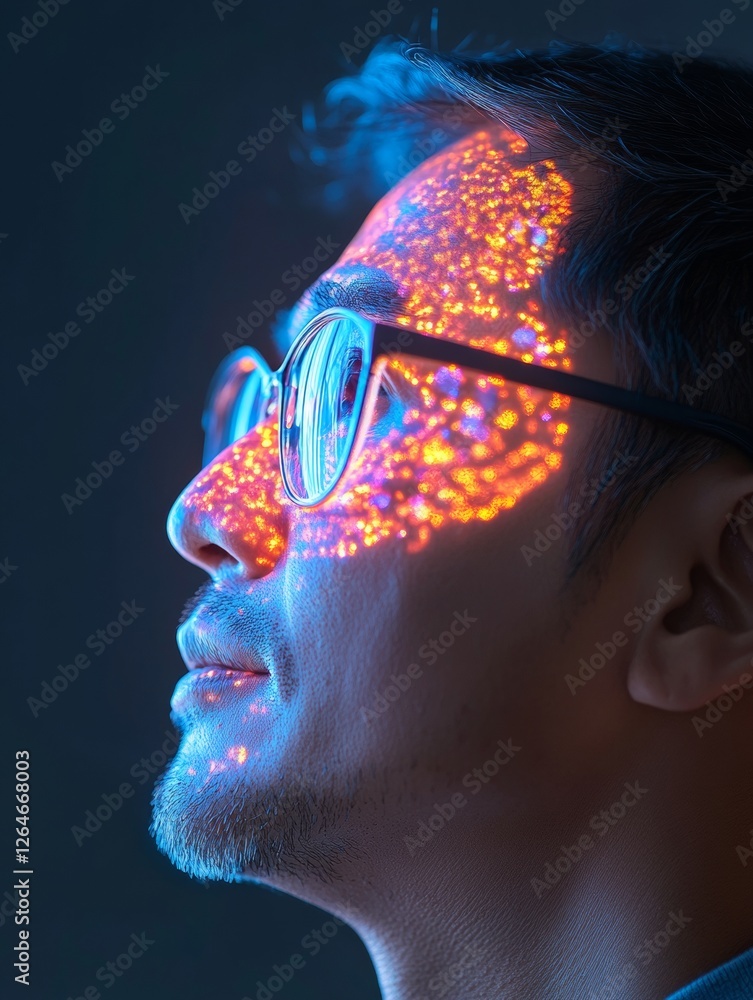 Poster futuristic tech analysis young asian male with holographic display reflections in dark office - digi