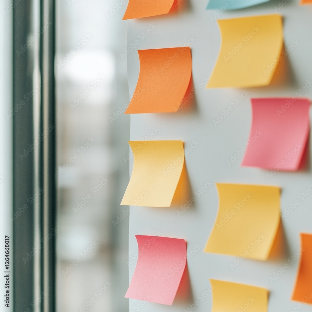 Poster Chromatic Team Synergy Vibrant Sticky Notes on Glass Reflecting Contemporary Workspace Dynamics - Enhancing Collaborative Corporate Strategies with Modern Feedback Integration