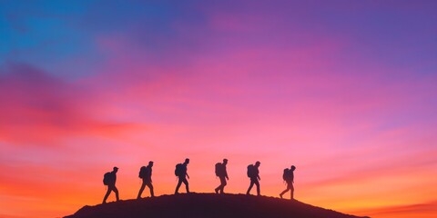Vibrant Gradient Sky Silhouette Unity in Climb Motivational Imagery for Business Growth and Team-Building Campaigns Across Industries