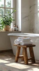 Minimalist Bathroom with Wooden Stool and Lush Green Plant for Natural Simplicity