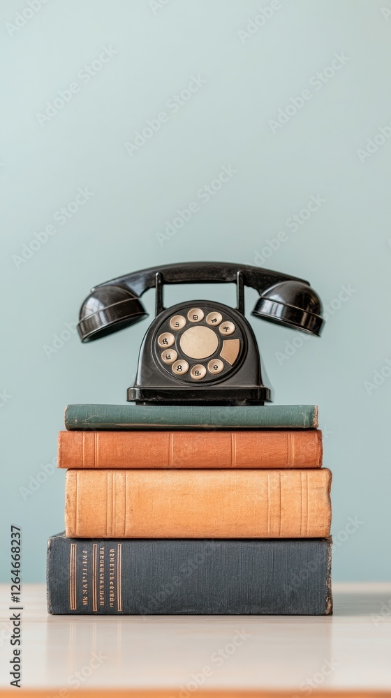 Fototapete retro study nook vintage rotary phone on curated book stack - analog charm in contemporary workspace