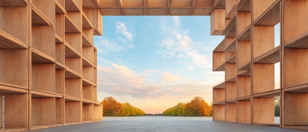 Aufkleber modern rustic library design open-concept wooden shelves with sky view - innovative interior for edu