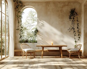 Tranquil Minimalist Dining Area with Wooden Table and Glowing Candle