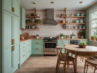 Light green kitchen features open shelving and a wooden table