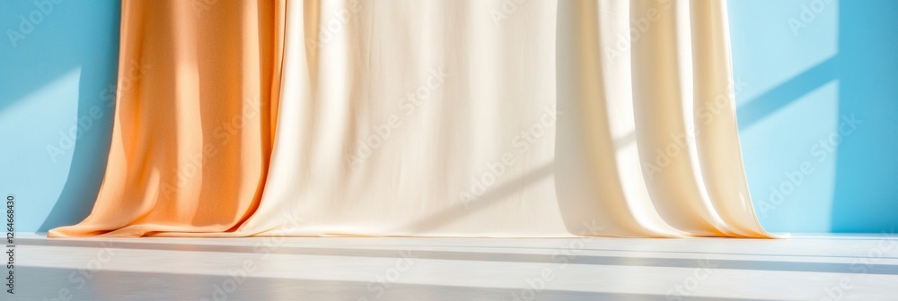 Poster modern theatrical design soft draped glitter curtains with dramatic spotlighting for artistic stage 
