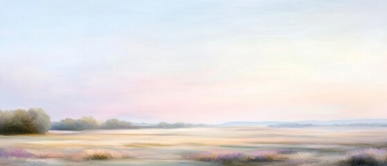 Obraz premium Pastel Sunset Landscape: Serene Field with Soft Light and Distant Trees