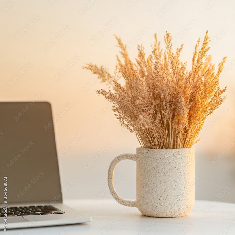 Aufkleber minimalist home office vignette sleek laptop setup with textured ceramic mug and rustic flora - mode