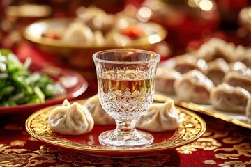 Fototapeta premium A festive Lunar New Year feast featuring crystal glass of rice wine and dumplings, showcasing traditional celebration and family gathering with warmth and cultural richness.