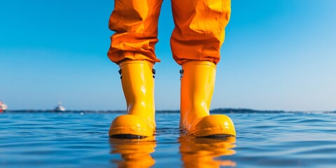 Bold Coastal Fieldwork Imagery Vibrant Yellow Protective Boots in Pristine Waters - Modern Scientific Research and Eco-Monitoring Asset for Environmental Management Brands