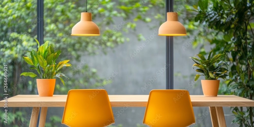 Poster biophilic workspace design dual-screen setup on natural wood desk with indoor greenery - enhancing c