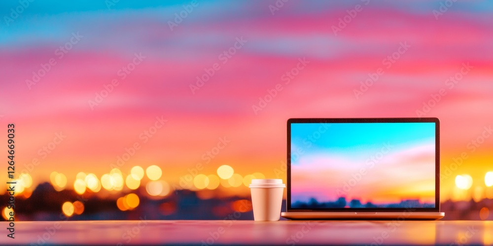 Poster Harmonious Workstation Sunset Dual Monitor Setup with Analytics on Minimalist Desk - Enhance Business Productivity and Digital Workflow for Modern Offices
