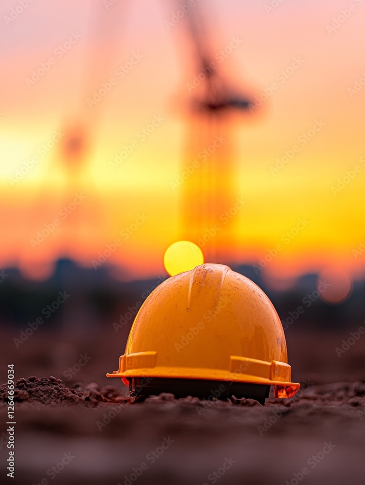 Fototapete sunset construction aesthetic yellow hardhat on soil with building framework - modern site managemen