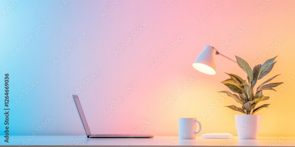Aufkleber Contemporary Minimalist Desk Setup Pastel Gradient Backdrop with Laptop and Plant - Digital Workflow and Productivity in Modern Office Design for Creative Business Spaces