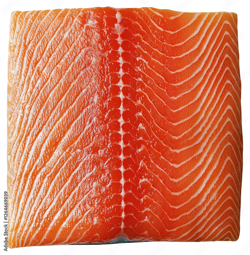 Poster close up of raw salmon fillet with distinct marbling pattern on transparent backdrop