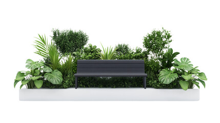 Serene garden bench surrounded by lush greenery urban park digital artwork tranquil atmosphere eye-level view nature concept