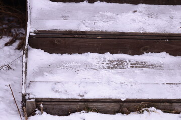 Close-up shot of a snow-covered staircase with intricate details.