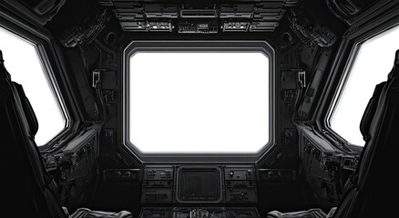 Futuristic spaceship cockpit interior with blank window