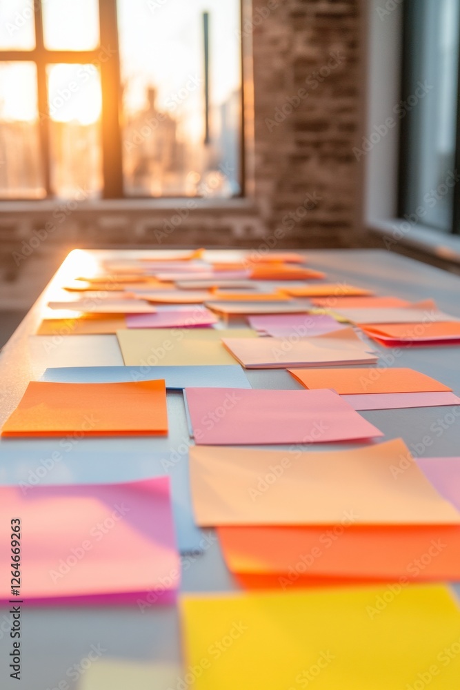 Fototapete colorful office brainstorming sticky notes and laptops on rustic table - creative teamwork setup for