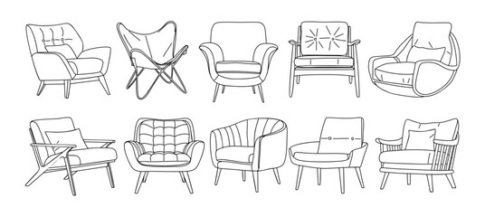 Set of different modern armchairs in trendy scandinavian style. Hand drawn black ink sketch of interior design furniture elements. Monochrome vector illustration isolated on transparent background. © Creative_Juice_Art