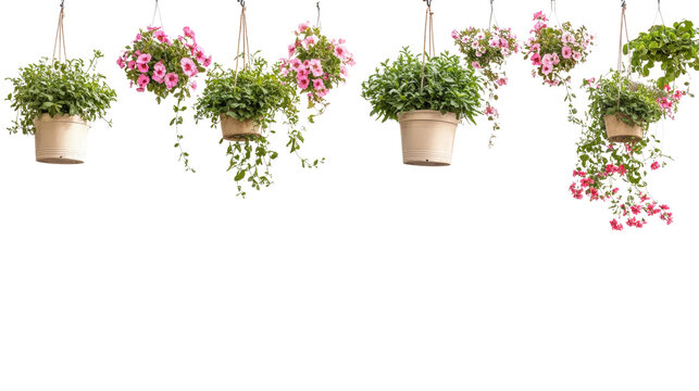 Hanging flower planters garden botanical display outdoor frontal view nature's beauty in bloom