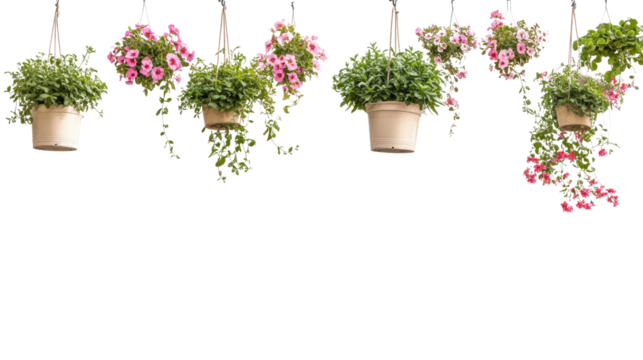 Hanging flower planters garden botanical display outdoor frontal view nature's beauty in bloom
