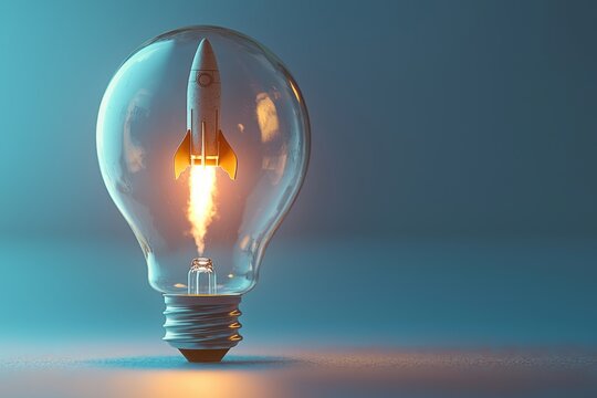 A conceptual image of a rocket taking off inside a lightbulb on a blue background, representing innovation, creativity, and the launch of new ideas.