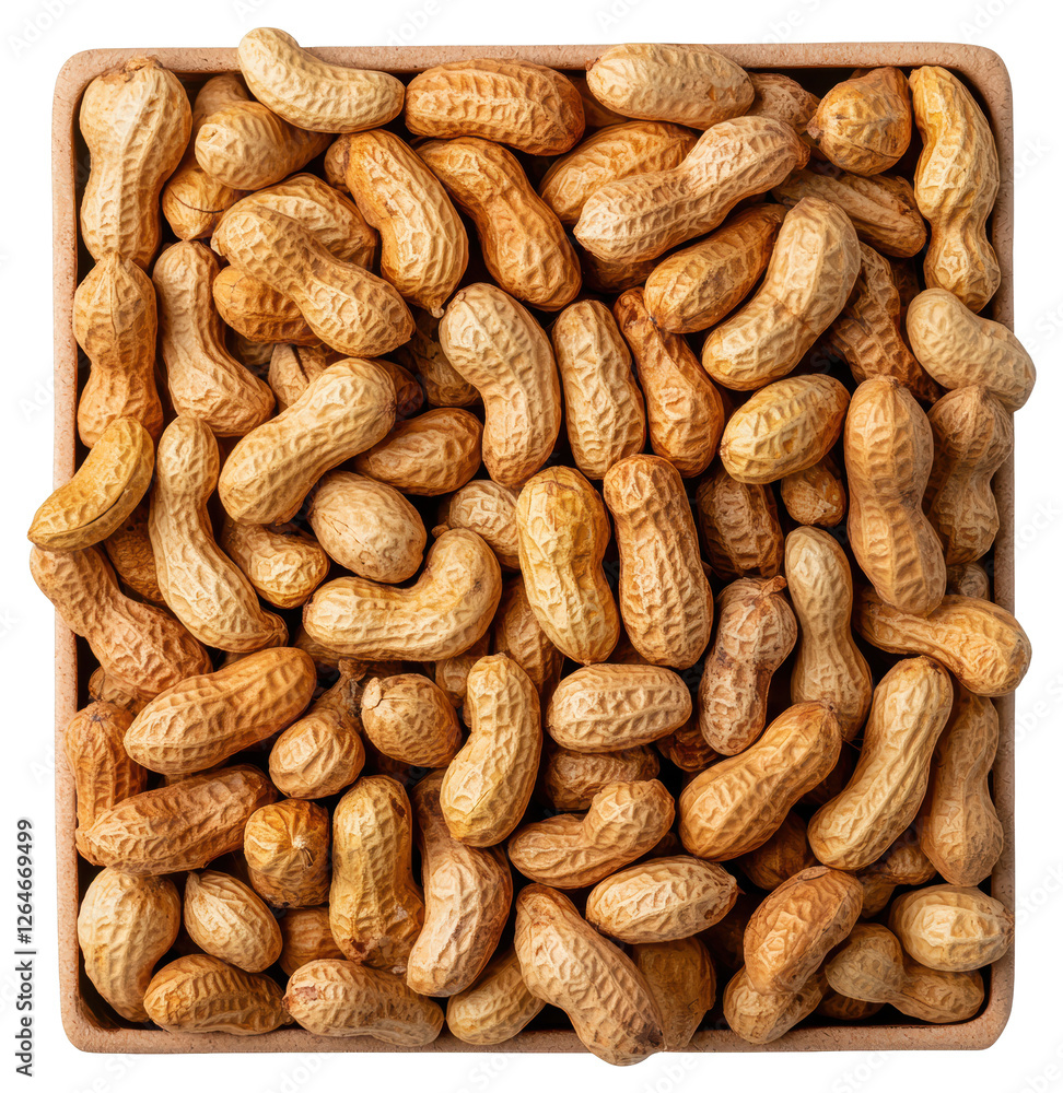 Poster close up of roasted peanuts with brown shells in a square shape viewed from above