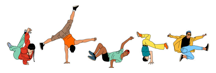 Set of teenager dancers hip hop, breakdance outline vector drawing on transparent background. Young cool girl and boy dancing street dance colored sketch. Korean japanese asian thin line style.