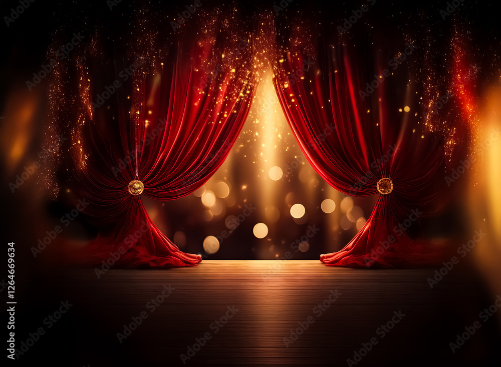 Poster elegant red velvet curtains frame a stage bathed in soft golden light, creating a dramatic and invit