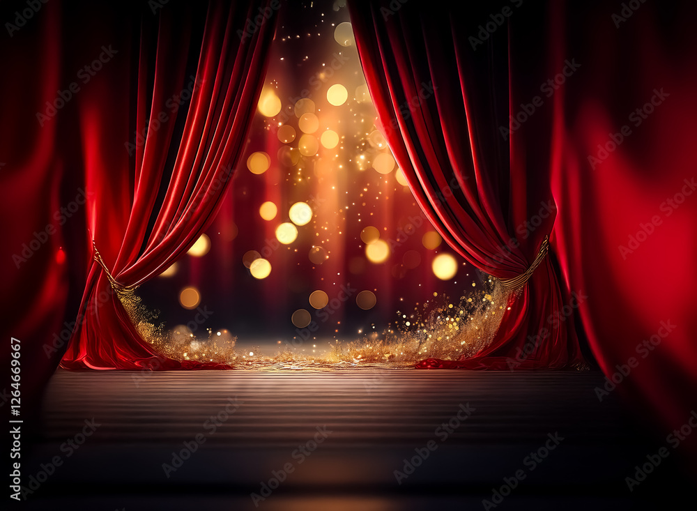 Poster red stage curtains frame a scene illuminated by golden bokeh lights, creating an elegant and festive