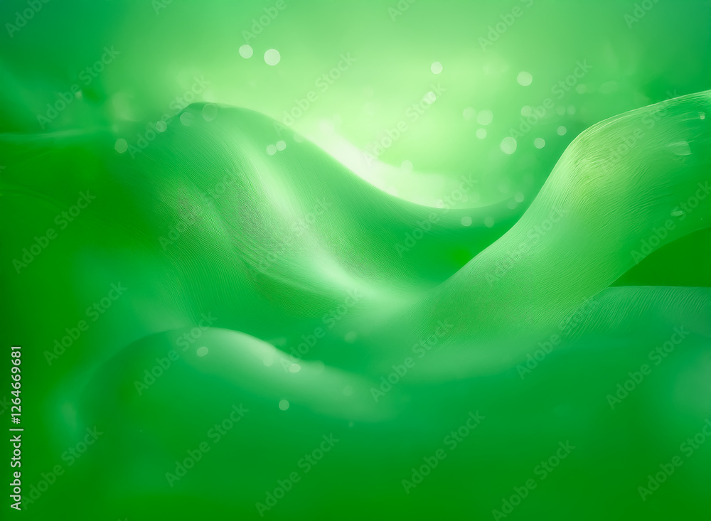 Poster abstract swirls of vibrant green with soft bokeh light. smooth, flowing shapes create a calming, org