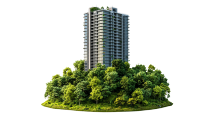 Modern residential building surrounded by lush greenery in urban setting 3d rendering natural environment aerial view sustainability concept