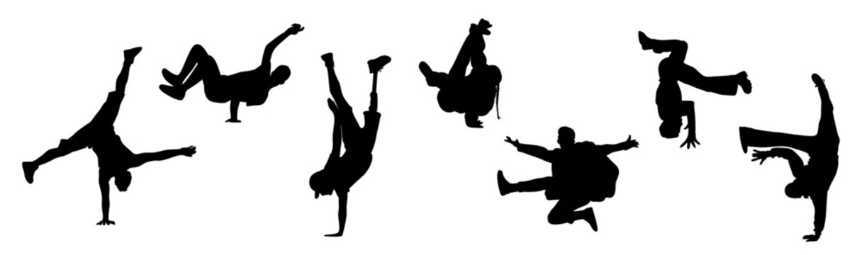 Silhouettes of teenager dancers hip hop, breakdance outline vector black drawing on transparent background. Young cool girl and boy dancing street dance.