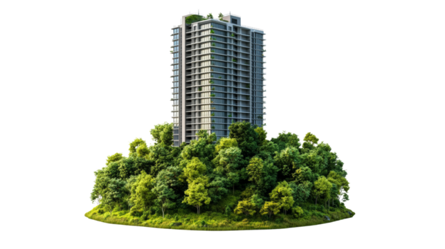 Modern residential building surrounded by lush greenery in urban setting 3d rendering natural environment aerial view sustainability concept