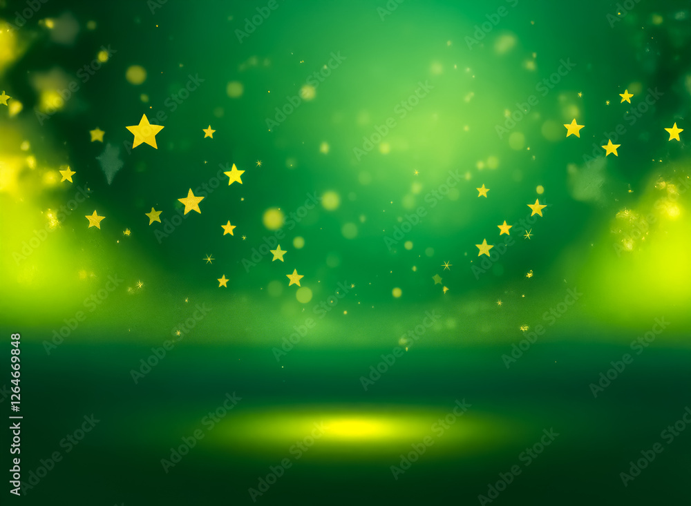 Poster a vibrant emerald backdrop is illuminated by a soft yellow light, accented with bokeh circles and st