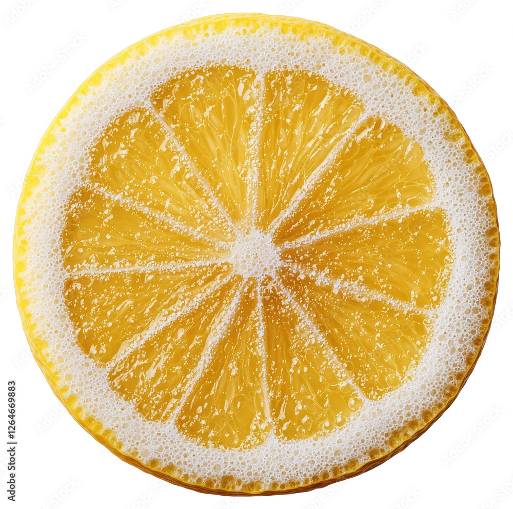 Poster close up of sugared lemon slice with yellow pulp and transparent background studio shot